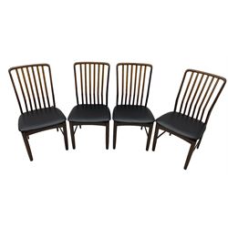 Svend Aage Madsen for Moreddi - set of four teak dining chairs, angular vertical slat back over upholstered seat, on turned front supports 