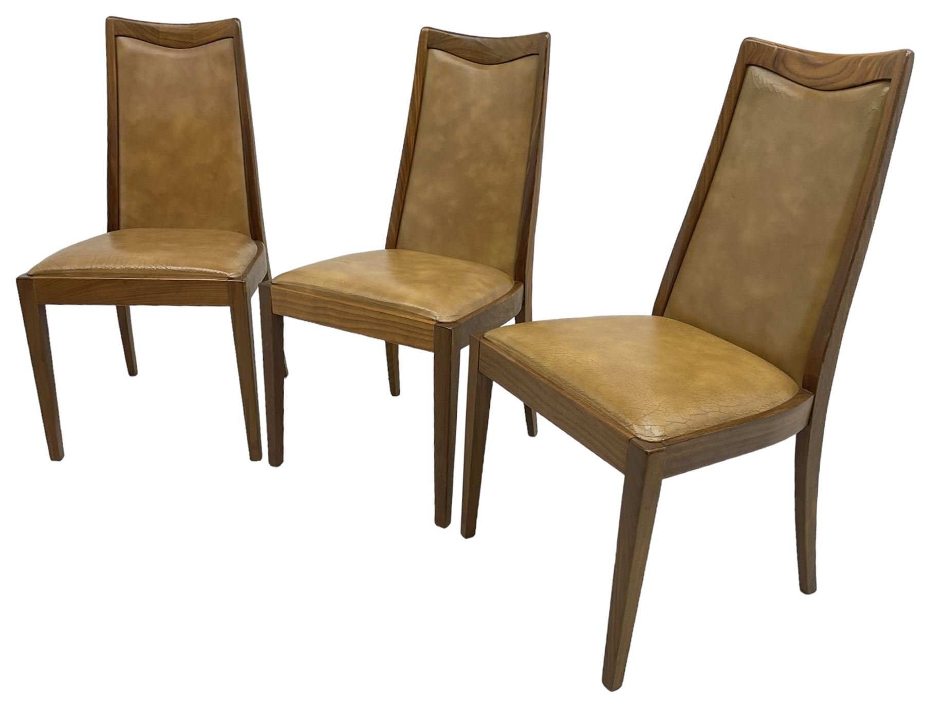 G-Plan - set of six mid-20th century teak 'Fresco' dining chairs, high back and seat upholstered in tan faux leather, on square tapering supports