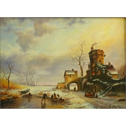  Continental Winter Landscape with Figures Skating on a Lake, 20th century oil on panel signed K. Shultz 29cm x 39cm in ornate gilt frame  