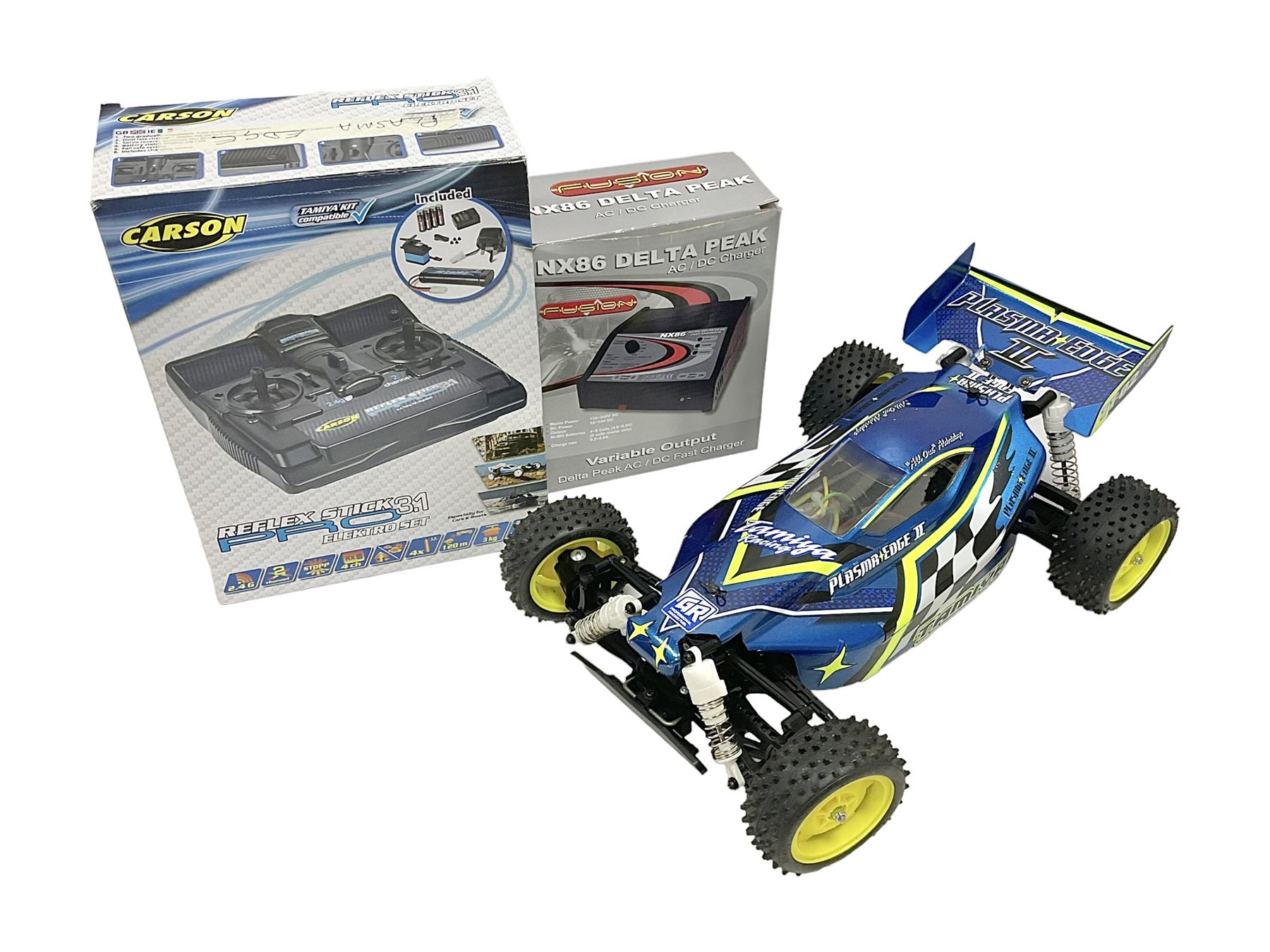 Tamiya - Plasma Edge II radio controlled car together with boxed NX86 Delta Peak AC/DC fast charger and Carson Reflex Stick Pro 3.1 Elektro Set