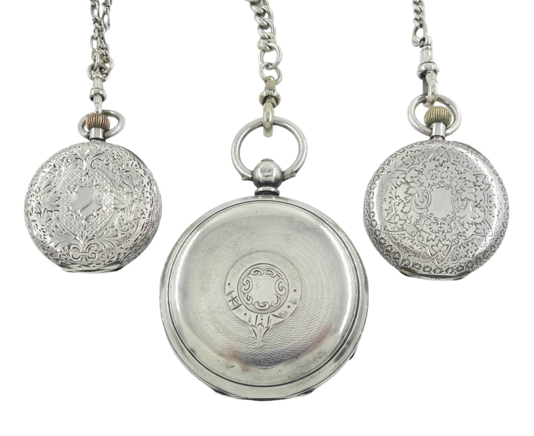 Victorian silver open face lever pocket watch by A Mears & Co, Camden Town, case by English Watch Company, Birmingham 1893, two smaller fob watches, all on Victorian and later silver watch chains