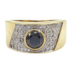 9ct gold bezel set, round black diamond and pave set white diamond dress ring, hallmarked