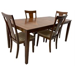 Cherry wood inlaid extending dining table and four chairs

