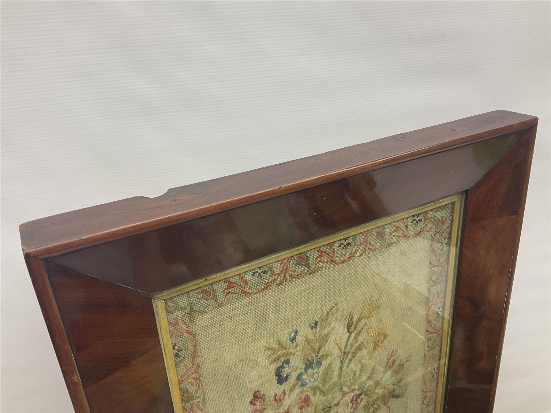Floral tapestry in a mahogany frame, large collection of cigarette cards, framed tapestry, small microscope and a wooden correspondence box, frame H66cm
