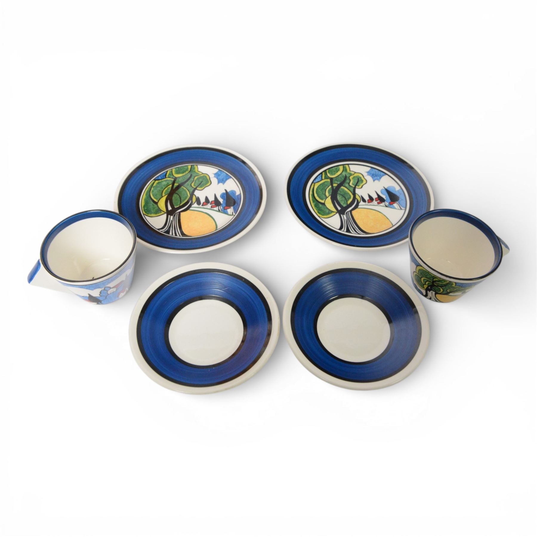 Wedgwood Bizarre by Clarice Cliff, Two sets of Blue Autumn Colonial Teacup, saucer and side plate, limited edition 273 and 273 of 500, both with certificate and box