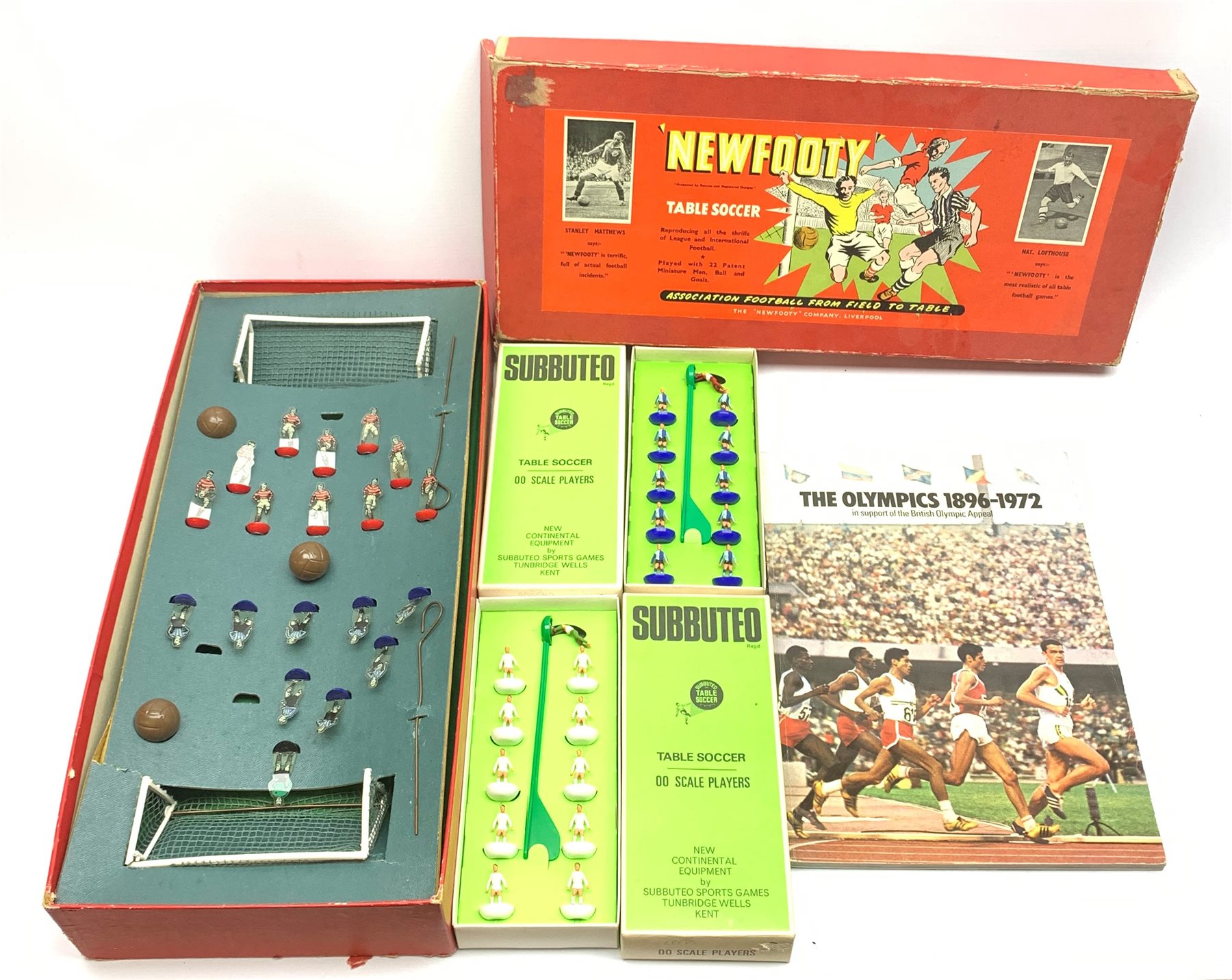 'Newfooty' Subbuteo style table football game, boxed with paperwork; two boxed Subbuteo teams; and The Olympics 1896-1972 commemorative booklet