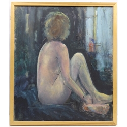  'Dusk' seated female nude, oil on canvas signed, titled and dated 2003 verso by Malcolm Ludvigsen (British 1946-) 71cm x 61cm  