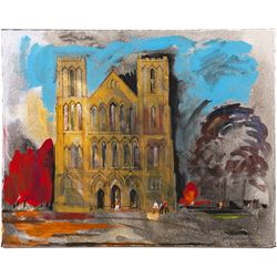 Brian Edwards (British 1944-): 'Ripon Cathedral', mixed media on canvas signed titled and dated 2018, 40.5cm x 50.5cm (unframed)
Notes: Dr Brian Edwards is Emeritus Professor of Architecture at ECA Edinburgh University. He is the author of the book ‘Understanding Architecture through Drawing’, has exhibited at the Edinburgh Festival, the RSA and architecture section of the RA Summer Exhibition. As a retired architect, his paintings explore the interface between art and architecture