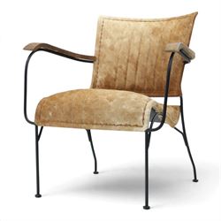 Mid century style cocktail cowhide chair, upholstered in tan cowhide, rectangular back and...