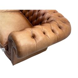 Springvale - large Chesterfield sofa, upholstered in buttoned tan leather, two cushion deep seat, turned bun feet