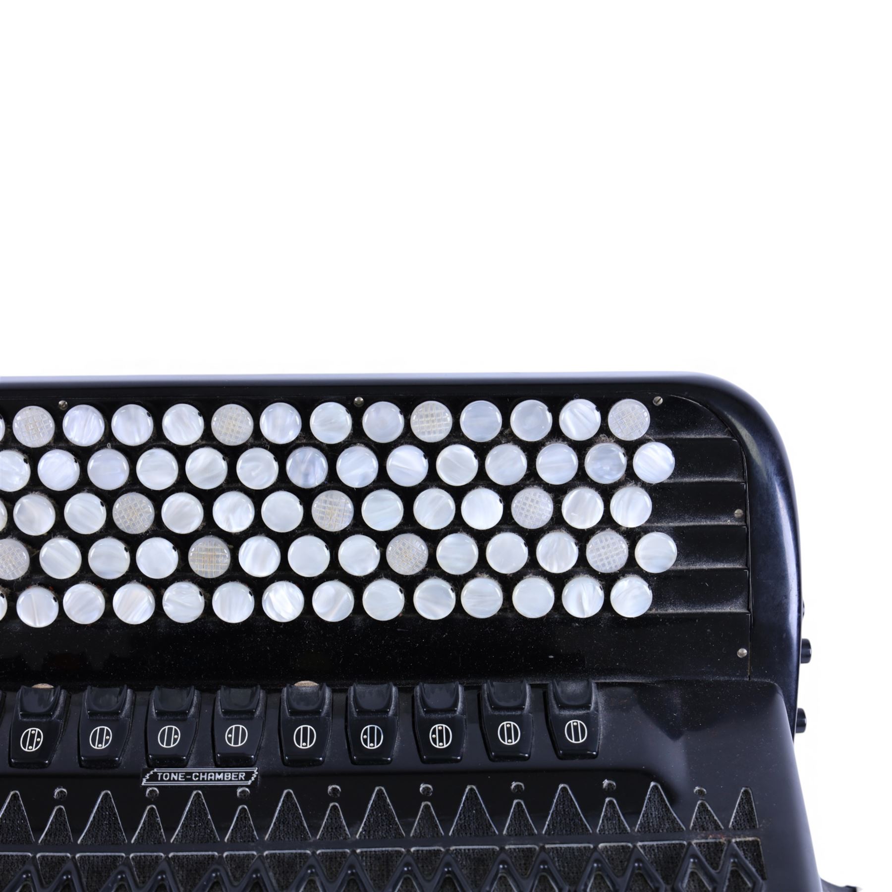 Borsini Professional 5-Row Chromatic button accordion, with 92 white pearlescent chromatic buttons and 136 bass buttons, possibly a custom model, in black high gloss case, with carry strap and original hard carrycase