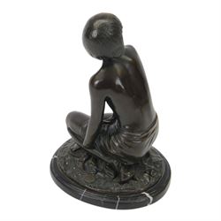 Art Deco style bronze study of a kneeling semi-nude female, after  Amadeo Gennarelli with signature to base, upon a black marble effect plinth, H23cm