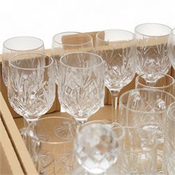 Edinburgh glass ships decanter, other decanters, cut table glass etc in two boxes