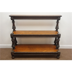  Victorian carved oak three tier buffet stand, turned supports, W133cm, H112cm, D49cm  