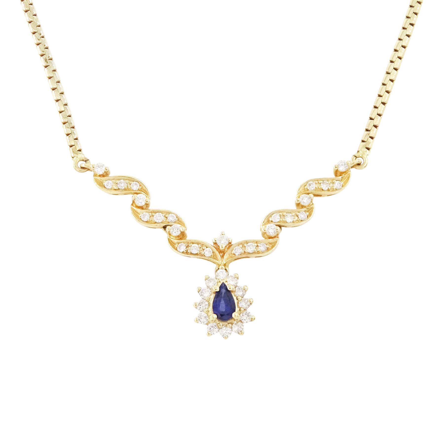 14ct gold sapphire and diamond necklace, the central diamond set ribbon design panel, suspending a pear cut sapphire of approx 0.25 carat, surrounded by twelve round brilliant cut diamonds, stamped, total diamond weight approx 0.25 carat