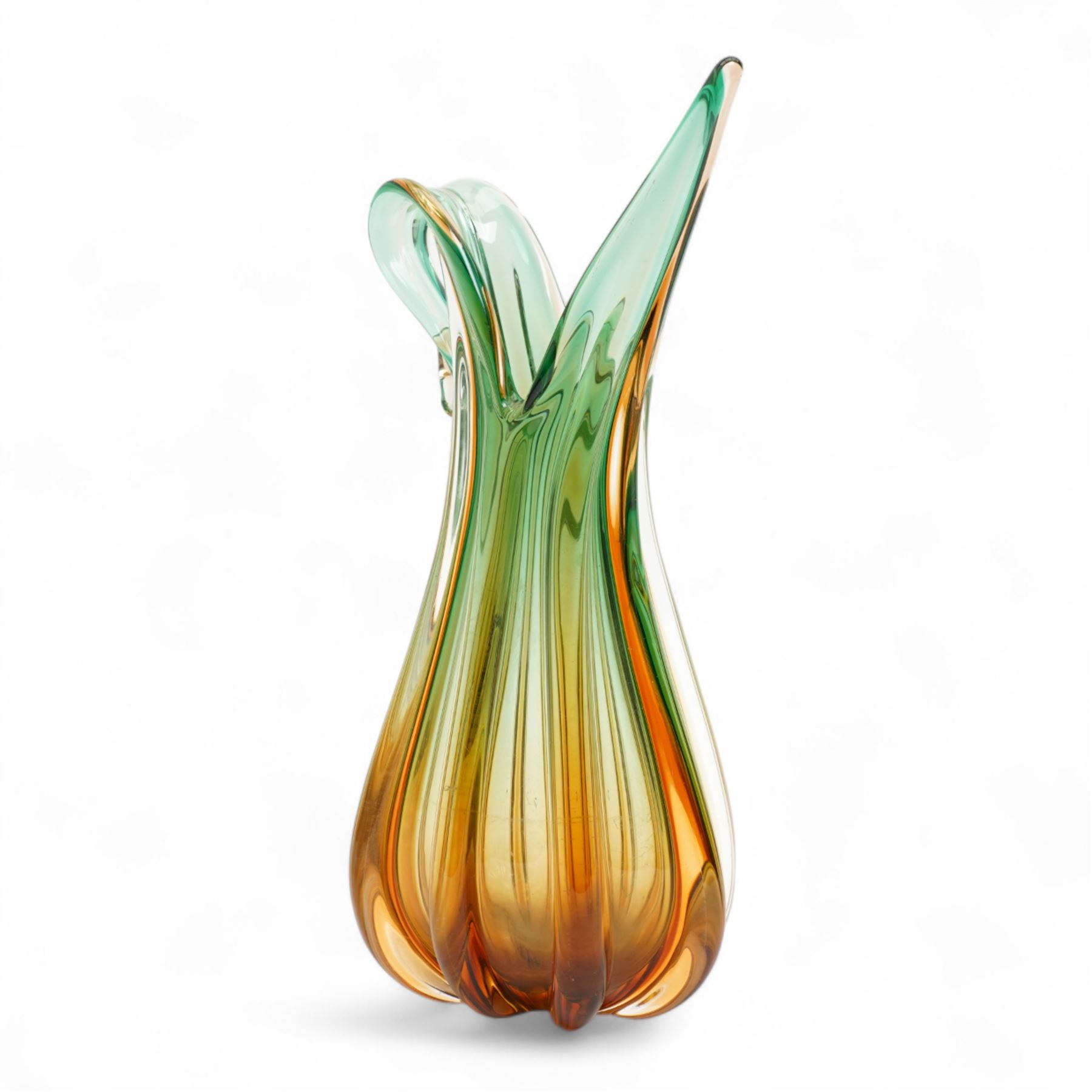 Three Czech bohemian art glass vases, by Josef Hospodka for Chribska, in various sprawling designs, including pronounced green and brown glass example, tallest H34cm  (3)