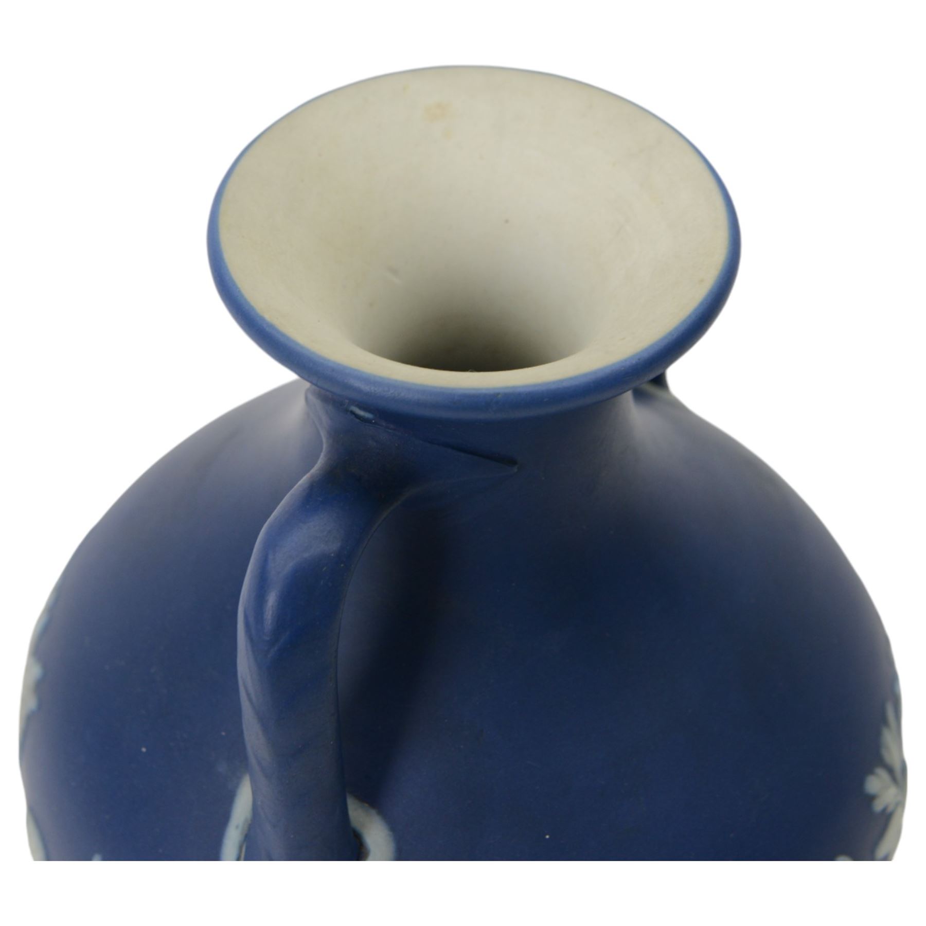 Wedgwood dark blue Jasperware Portland twin handled vase, decorated with classical figures, H21cm