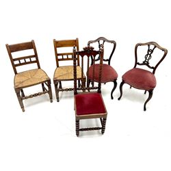 Pair early 20th century elm spindle back chairs, rush seat, turned supports (W47cm) a pair of Victorian rosewood dining chairs (W47cm) and a single bobbing turned fruit wood dining chair (W36cm)