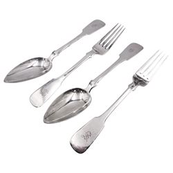 Pair of 20th century German 800 standard silver Fiddle pattern table forks and spoons, marked with crown and crescent mark and stamped Wilkens 800, each approximately L21cm, approximate weight 8.70 ozt (270.6 grams)