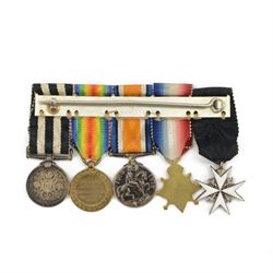 Surgeon Norman Jennings group of five medals and corresponding miniatures, comprising WWI trio; British War Medal, Victory Medal, 1914-15 Star and The Order of St. John Service Medal and Star 
During WWI Norman Jennings served as Surgeon Probationer for Royal Navy Volunteers Reserves. He went of the be the City of Hull Coroner 1935 