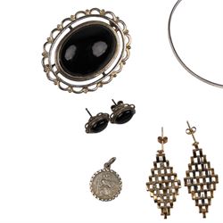 Two pairs of 9ct gold earrings and silver jewellery including jet brooch and earrings, heart pendant, St Christopher's and a bangle
