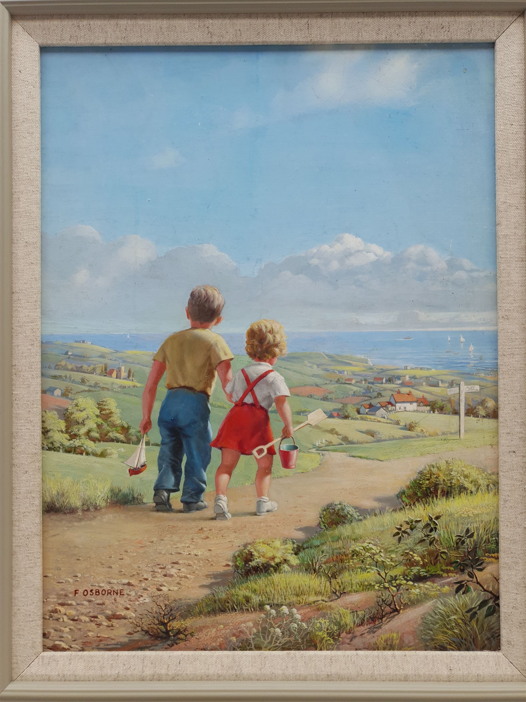 Frank Osborne (British 1885-1972): The Road to the Sea, gouache signed 38cm x 29cm 
Provenance: painted in 1964 and sold to the artist's agents A. Vivian Mansell & Co Ltd on 13th Feb 1964 for 30 guineas. 
Notes: Frank Osborne was a postcard and greeting card artist and illustrator who lived in Robin Hood's Bay. Little of his work has come on to the open market as the majority was sold with copyright. The present painting probably depicts a fictionalised landscape above Fylingthorpe, near Whitby. We are grateful for the artist's estate for their help in cataloguing this lot.