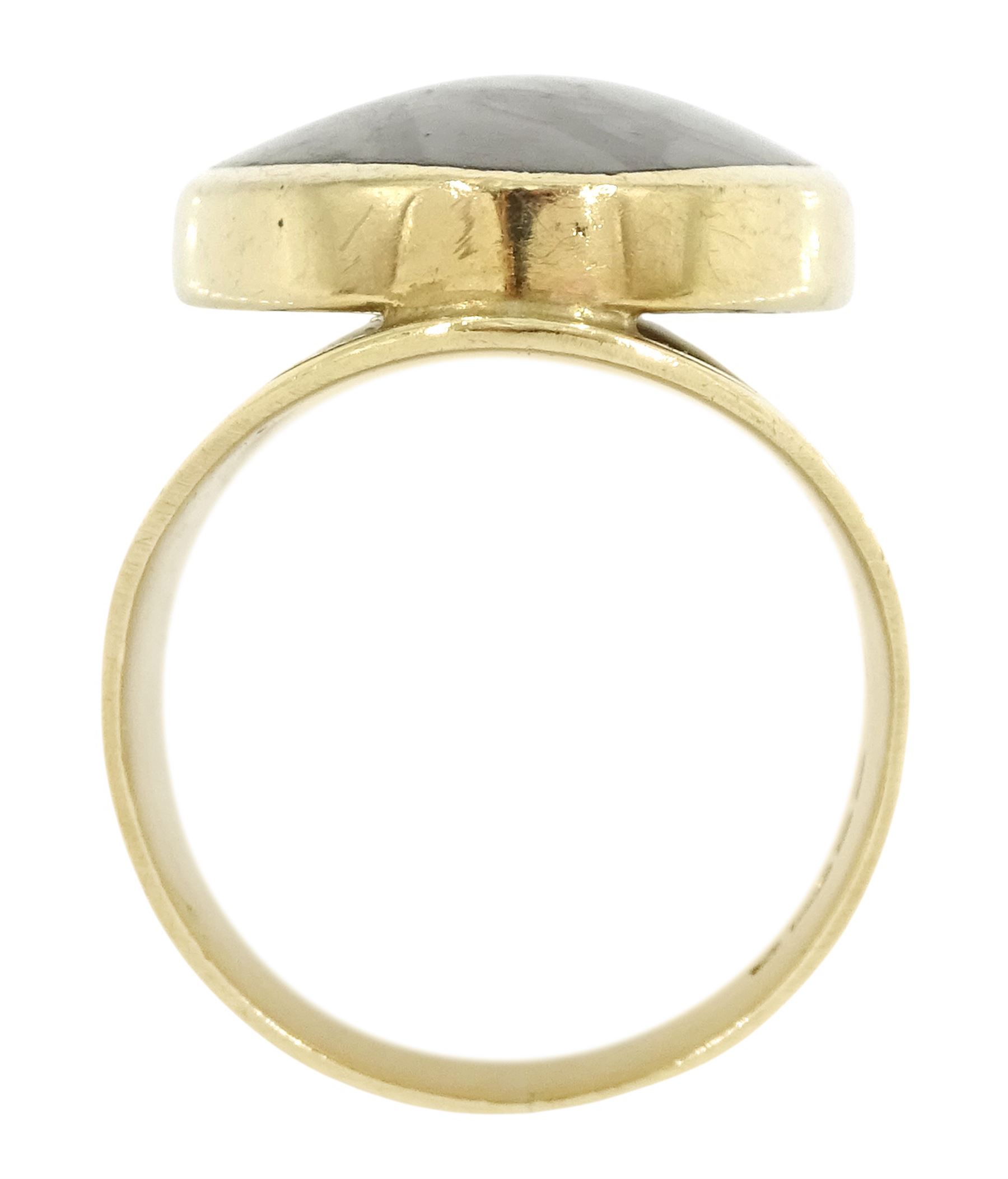 9ct gold Picasso jasper ring, single oval cut jasper, set within an openwork gallery by C W Sellors, Sheffield 1997