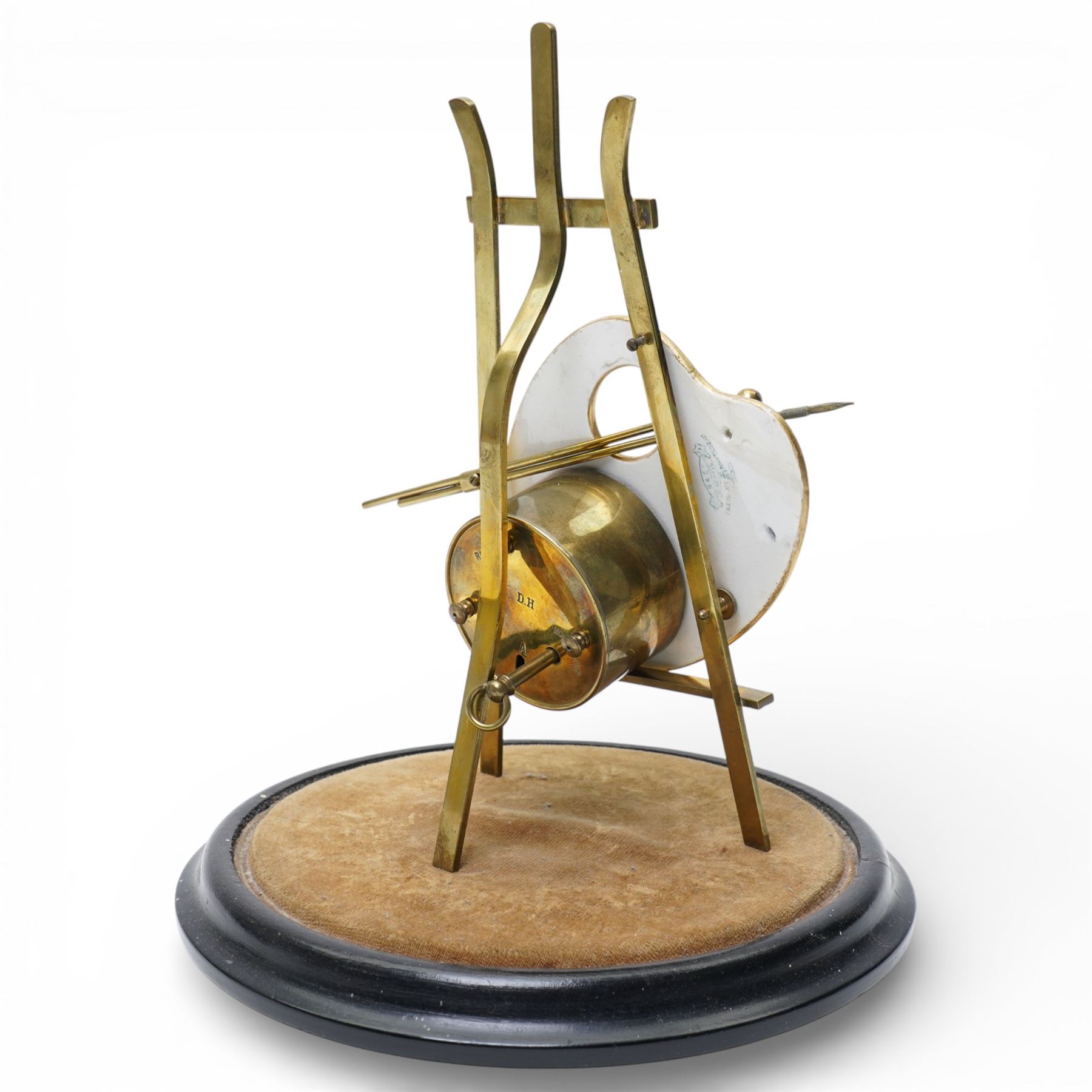 Late 19th century French novelty easel clock, the shaped panel in the form of an artist's palette painted with a landscape with classical columns on a gilt brass easel under a glass dome shade H33cm overall