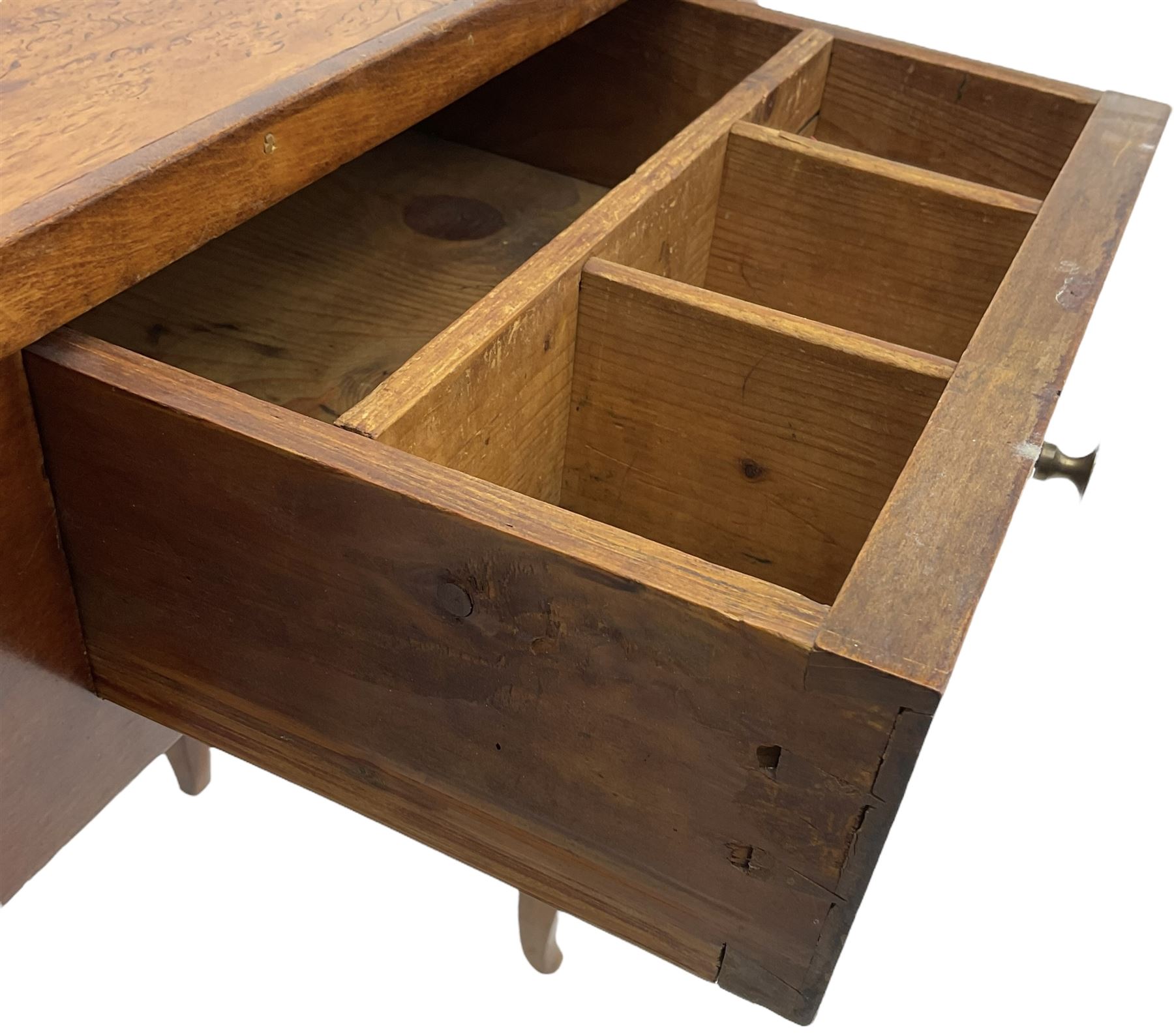 19th century Biedermeier design maple and beech side table, figured book-matched maple veneer top over single drawer, on square tapering supports terminating to pointed feet