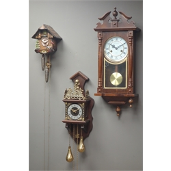  Small painted wood cuckoo clock, 20th century Dutch style figural wall clock and a 'Lincoln' 31-day wall clock  