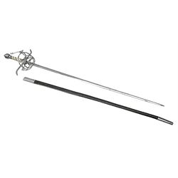 Replica knight's longsword, the 91.5cm double-edged steel blade with basket hilt and wire-bound bone grip with spherical pommel, in leather scabbard L112cm overall