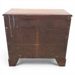 George III mahogany chest, fitted with four graduating drawers, rectangular flamed mahogany top with moulded edge, above four graduated drawers with brass swan neck handles, raised on bracket feet