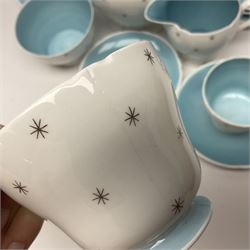 Shelly Pole Star pattern tea service for five comprising teapot, milk jug, open sucrier, cups and saucers, dessert plates and one cake plate 