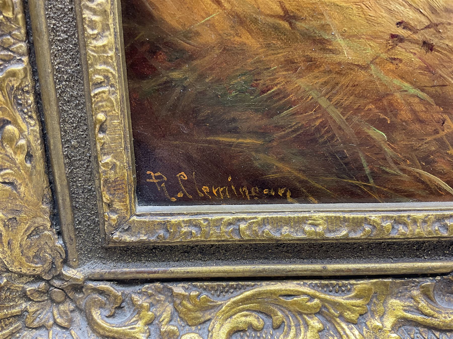 Robert Cleminson (British 1864-1903): Spaniels Flushing Pheasants, oil on canvas signed 39cm x 29cm