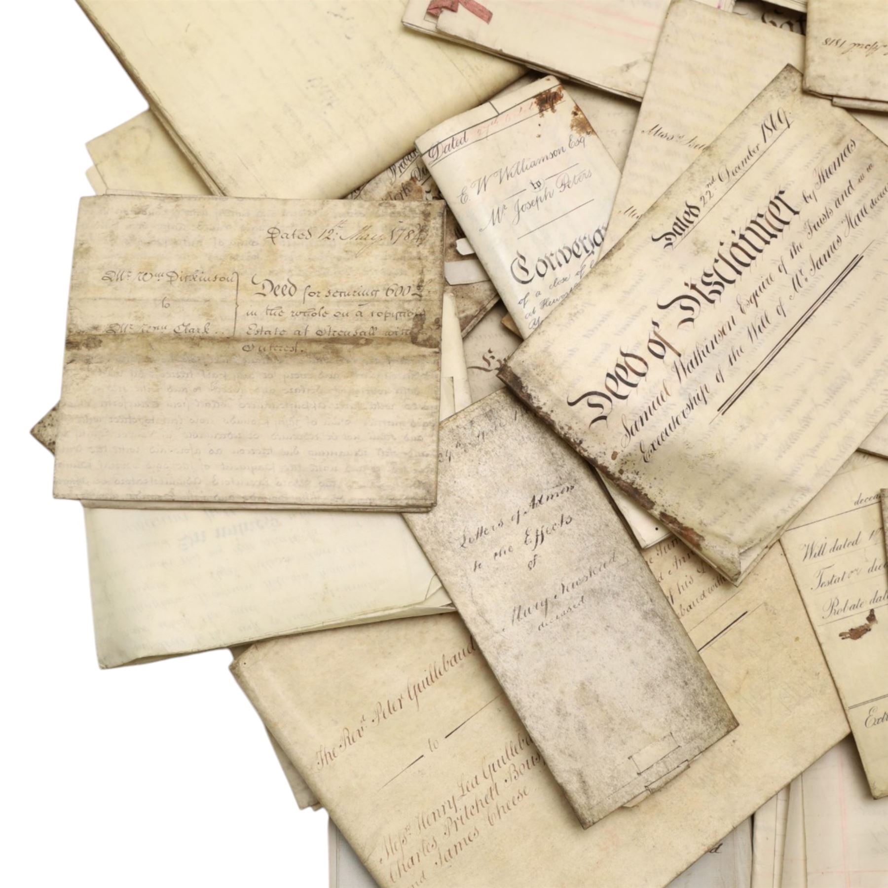 York suburbs interest - extensive collection of 18th century and later vellum indentures, wills, probate documents and property papers charting property ownership and local families in Acomb, Huntington, Earswick, Bishopthorpe, The Mount, Heworth, Heslington and other York suburbs and villages, including documents relating to tradespeople, innkeepers, farmers and householders, many retaining original wax seals, revenue stamps and probate seals, in one box