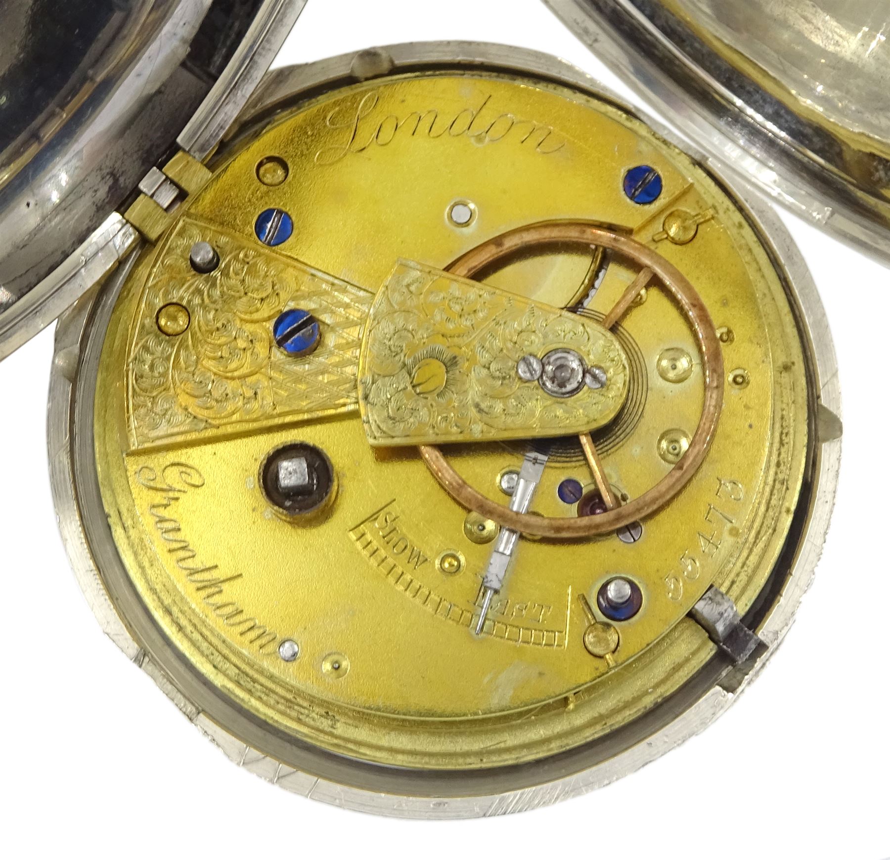 Victorian silver full hunter pocket watch by Grantham, London, No. 55473, white enamel dial with Roman numerals,  case by William Hammon, London 1885, on silver Albertina chain, stamped sterling
