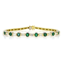  18ct gold and burnished gold brick link bracelet set with eight oval emeralds and seven baguette diamonds  