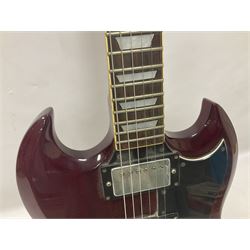 Gibson Epiphone SG six string electric guitar, with cherry red mahogany finish and black scratch guard, L102cm