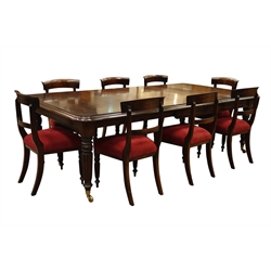  Victorian style mahogany telescopic extending dining table, rounded rectangular moulded top on lobed tapering supports with brass cups and castors (H74cm, 130cm x 154cm - 247cm (with two leaves)), and set eight Victorian style dining chairs with curved top rail, horizontal splat, and overstuffed upholstered seats,on lobed tapering supports (9)  