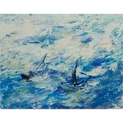 Madeleine Eyland (Belgian/British 1930-2021): 'Stormy Sea', acrylic on canvas unsigned, artist's studio label verso 39cm x 50cm (unframed) 
Provenance: artist's studio collection. Marie-Madeleine Eyland (neé Legrain) was born in 1930 at Floriffoux, Belgium; she lived most of her life in Scarborough working as a nurse and an artist.