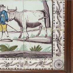 Late 18th/ early 19th century Dutch delftware tile picture of a rural scene with a farmer leading a cow within a floral surround, framed 62cm x 49cm overall