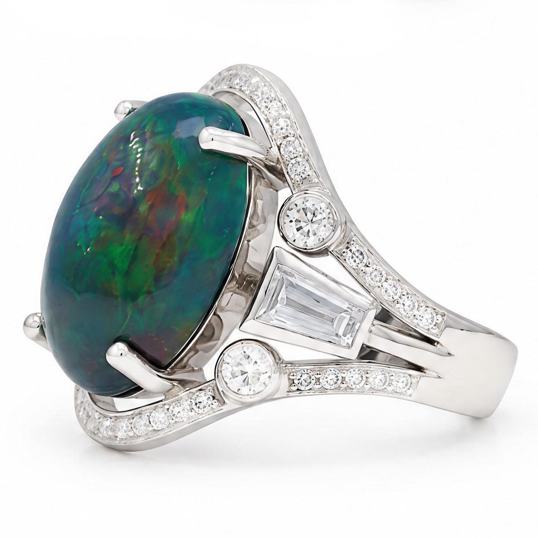 Platinum black opal and diamond ring, four claw set with a single oval cabochon opal of approx 8.45 carat, the openwork surround milgrain set with forty-eight round brilliant cut diamonds and tapered baguette cut shoulders, London 2025