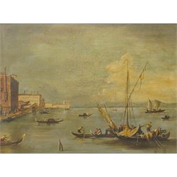 Follower of Francesco Guardi (Italian 1712-1793): Venice - the Fondamenta Nuove with the Lagoon and Island of San Michele, 19th century oil on panel unsigned 29cm x 39cm, in 19th century giltwood and gesso ornately moulded frame, overall 52cm x 62cm