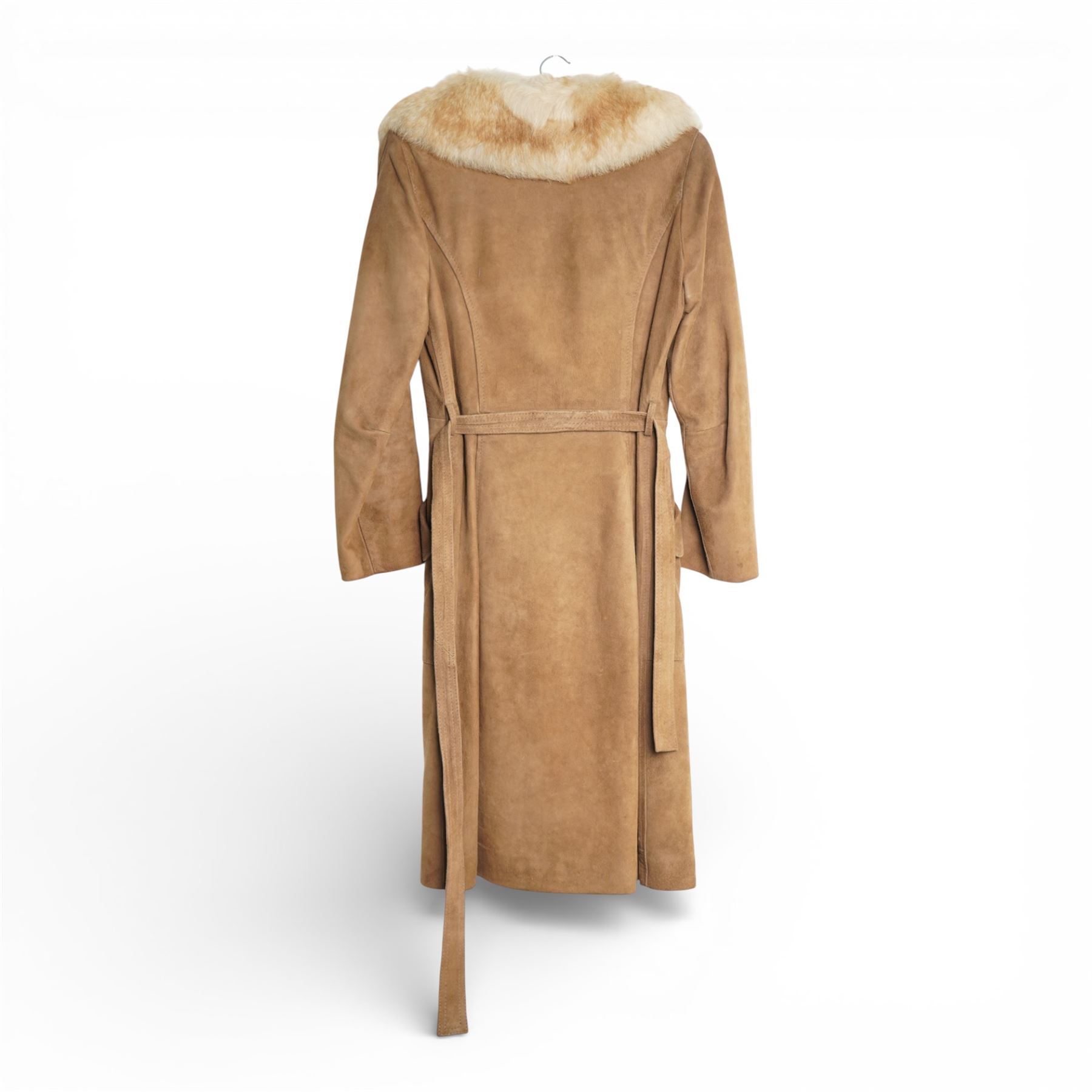 Mink coat, 1970s lamb fur trimmed coat, suede coat and Tom Bawker cream coat, and two pairs of ladies shoes approx size 8 (6)