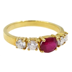  18ct gold five stone oval ruby and round brilliant cut diamond ring, stamped 18K  
[image code: 4mc]