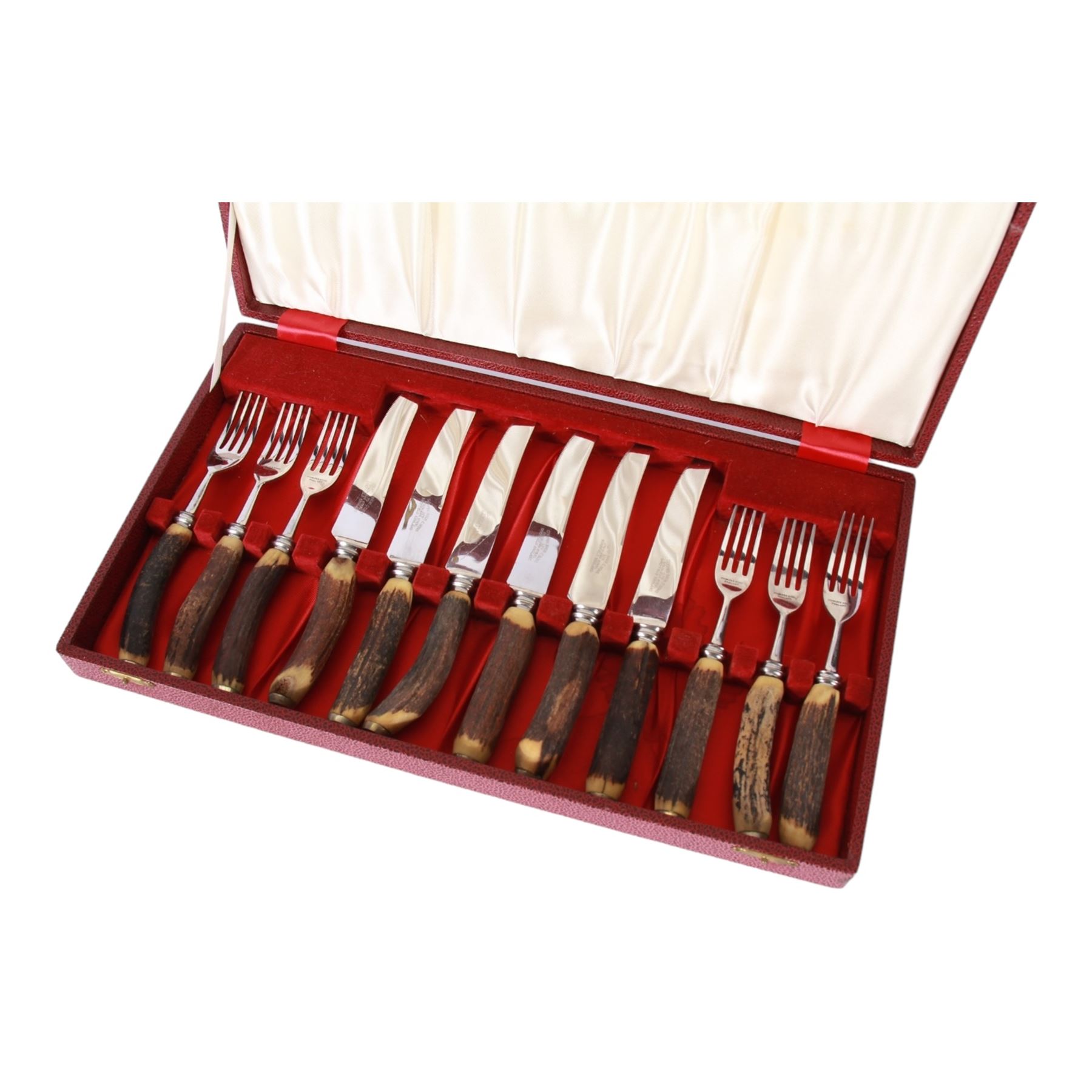 Cased set of stag horn antler knives and forks by Cooper Bros & Sons
