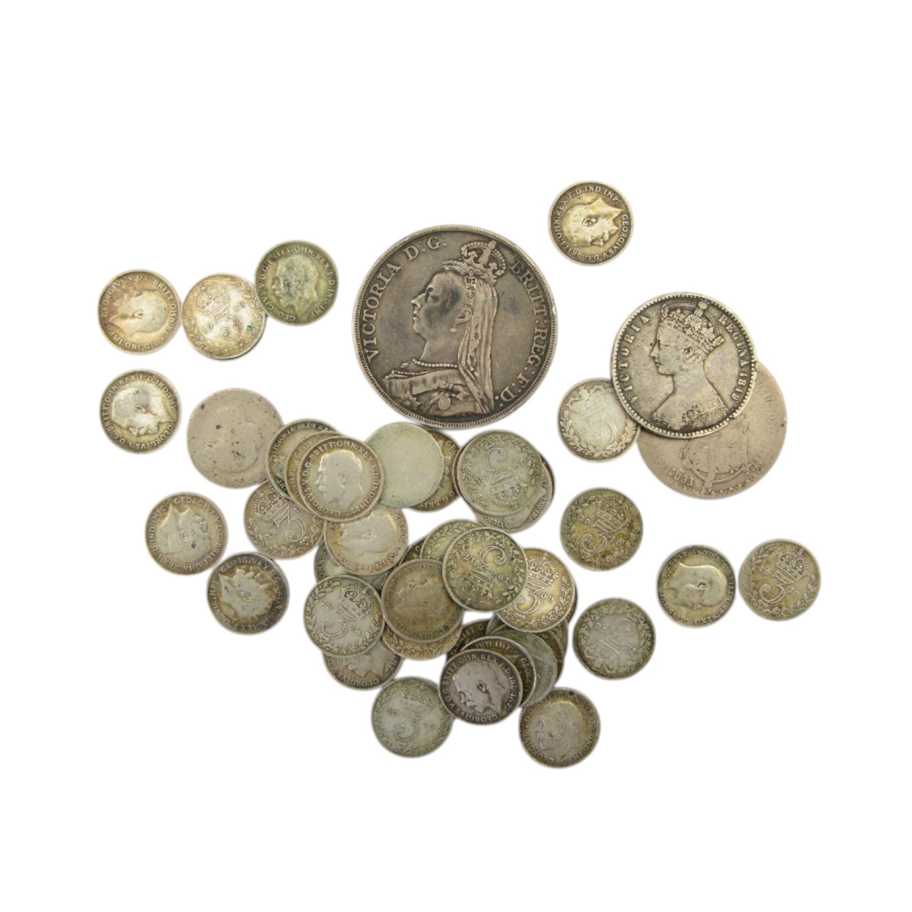 Queen Victoria 1891 silver crown coin, Queen Victoria 1849 'Godless' florin, Queen Victoria 'Gothic' florin (date rubbed), approximately 43 pre-1920 silver threepences, approximately 112 grams of pre-1947 silver coins, Roman Germanicus coin, and further Great British and World coins and banknotes, hosed in a green Ringtons tin
