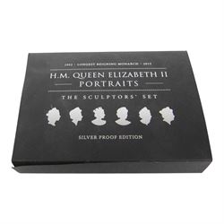 Queen Elizabeth II Jersey 2015 'H.M. Queen Elizabeth II Portraits The Sculptors' Set', comprising six silver proof five pound coins, cased with certificate