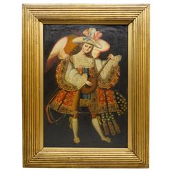 Cuzco School (Peruvian Colonial 19th century): Full Length Portrait of an Archangel Playing a Lute in Gilt Robes, oil on canvas laid onto board unsigned 56cm x 38cm