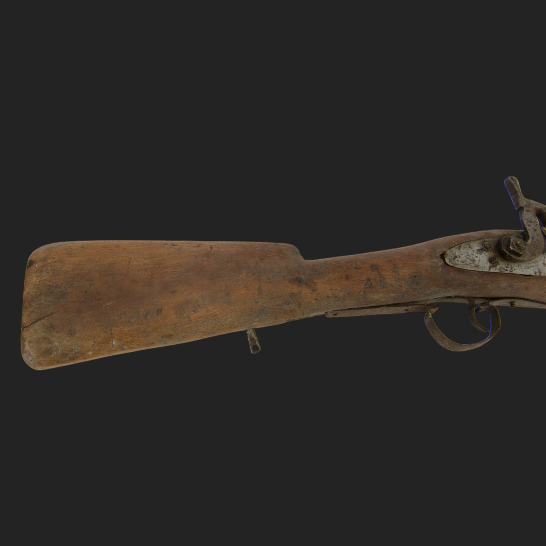 Middle Eastern percussion cap rifle, the 107cm  barrel with four brass bands and ramrod under, overall L143cm, together with another percussion rifle the 106cm barrel a copy of a 17th century Spanish barrel, complete with fake stamp, by vendors repute this rifle was confiscated from tribesmen in Kurdistan by police
Sold as an exempt item under Section 58 (2) of the 1968 Firearms Act, to be held as a curiosity or ornament